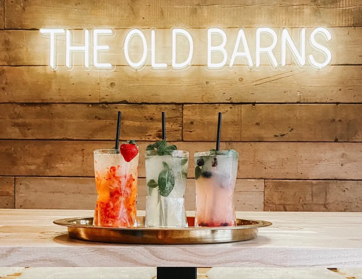 Three cocktails garnished with fruit and mint on a brass tray, beneath the Old Barns neon sign